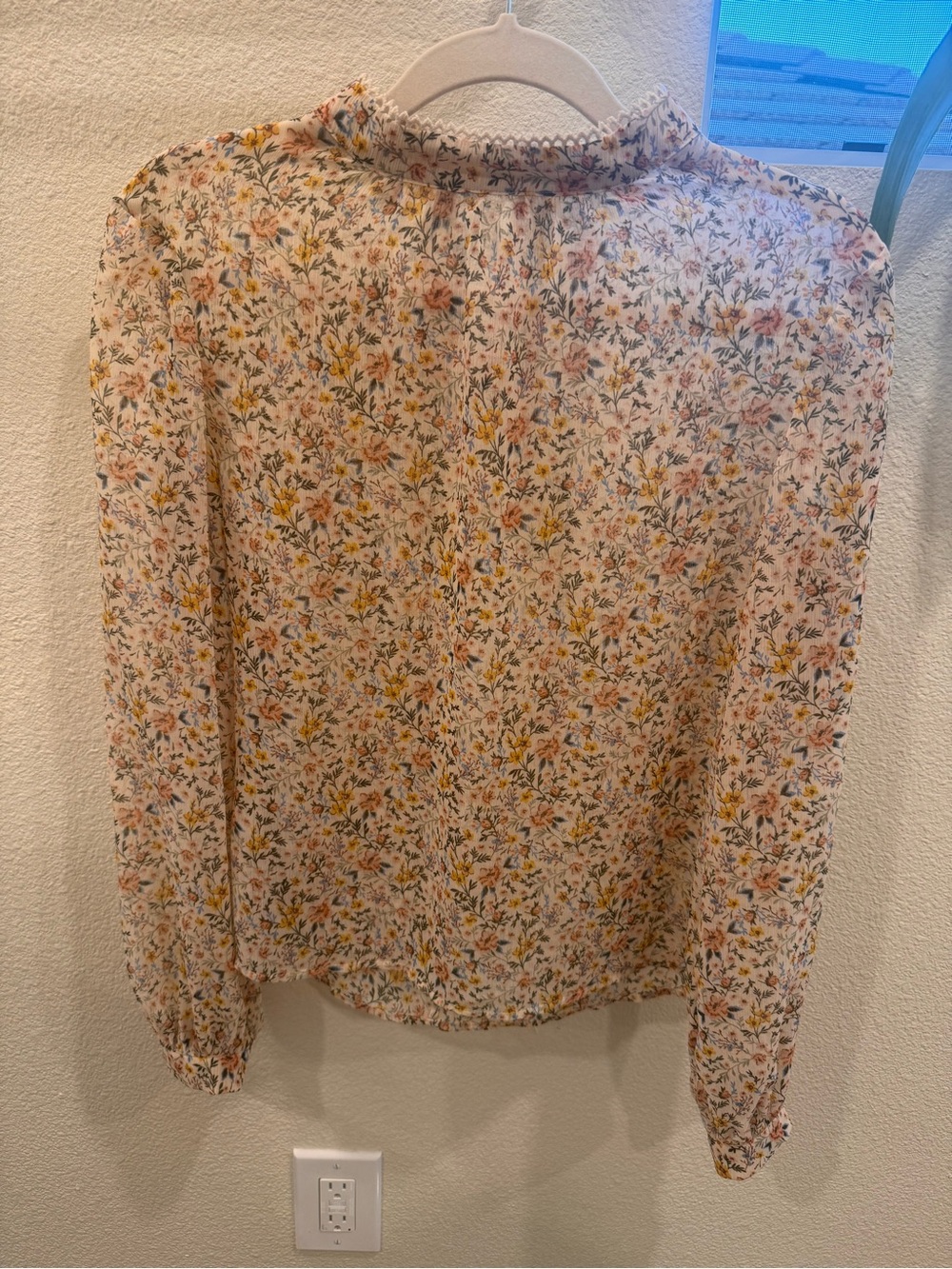 1. State Cream Floral Ruffle-Neck Blouse with Yellow & Pink Accents